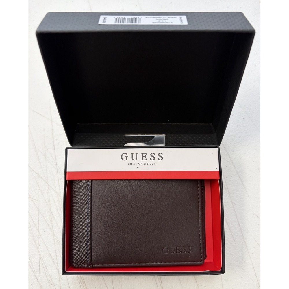 Guess Mens Wallet Bi-Fold w/ Wing Brown Leather - 13 Card Slots & Valet Box NIB